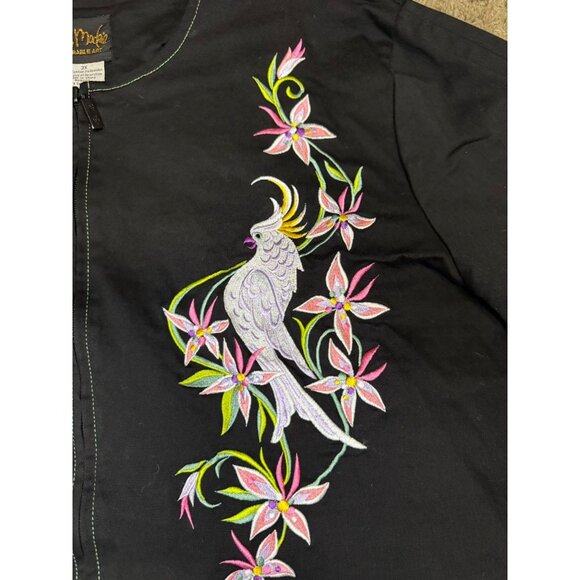 BOB MACKIE Art To Wear Black Full Zip Top Embroidered Bird Floral Tropical 3X - Picture 5 of 9